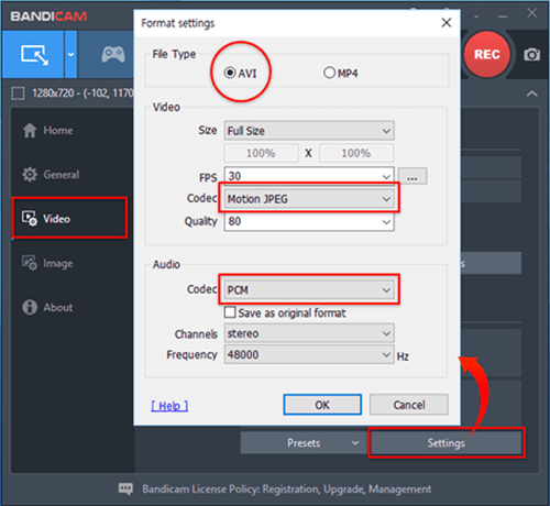 bandicam settings for imovie